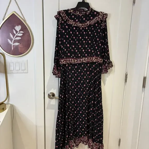 Free People Black Ruffle Trim Callico Skies Midi Dress Sz Medium - Picture 6 of 12